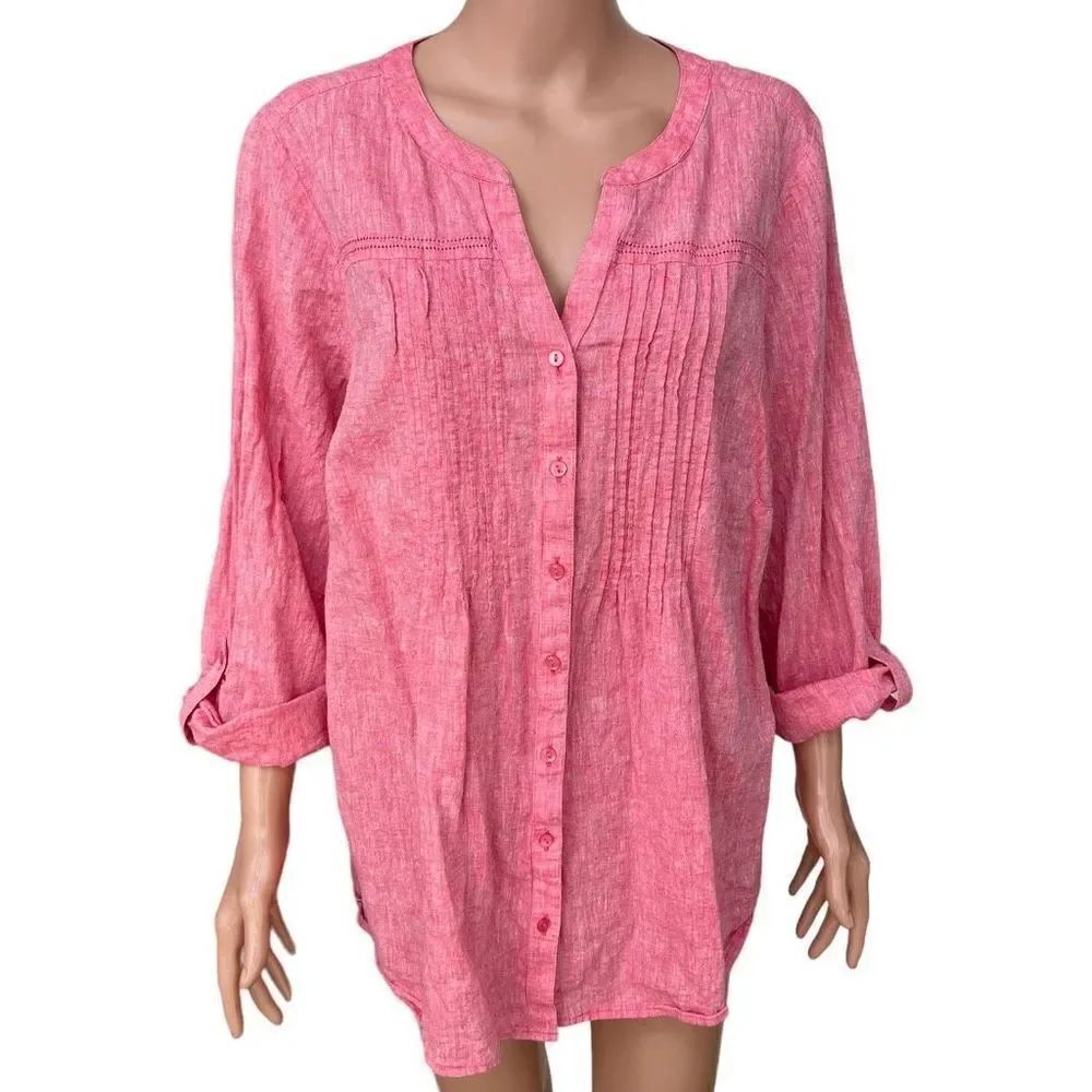 Kim Rodgers pleated front pink linen blend blouse roll tab sleeves size 2X